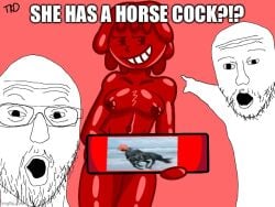 advertisement breasts equid equine female food food_creature food_humanoid gesture glistening holding_object horse humanoid jelly_(food) mammal meme pointing pointing_soyjak shitpost simple_background small_breasts smug solo soyjak thick_thighs tkd