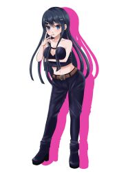 belt black_pants blue_hair commission danganronpa danganronpa:_trigger_happy_havoc female maizono_sayaka midriff no_gloves seductive_pose smooth_skin solo solo_female