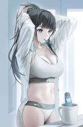 belly belly_button big_breasts black_hair blue_eyes breasts brushing_teeth curvaceous curves curvy curvy_body curvy_female cute dark_hair female_only large_breasts morning puma_(company) thick thick_thighs thighs tokkihouse toothbrush tummy underwear waking_up