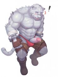 abs anthro clothed clothing erection exclamation_point felid genitals grimoire_of_zero hi_res humanoid_genitalia humanoid_penis male male_focus male_only male_solo mammal mercenary_(character) pantherine penis ronci simple_background solo solo_male tiger topless underwear undressing white_background