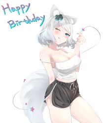 1girls ;p armpits bare_shoulders big_breasts blue_eyes blush blushing booty_shorts breasts cleavage female_only finger_heart fox_ears greeting_card looking_at_viewer meridian_project mizuki_(vtuber) short_hair simple_background strap_slip tank_top thighhighs thighs virtual_youtuber white_background white_hair