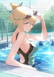 big_breasts breasts female goggles hololive hololive_japan holox kakage kazama_iroha la+_darknesss pool poolside swimming_goggles swimsuit tagme virtual_youtuber