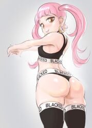 1girls ass blacked blacked_clothing blackingyourwaifu earrings female_only pink_hair smiling solo twintails white_background