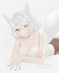 1girls arms_crossed blue_eyes booty_shorts cleavage collarbone cute female_only fox_ears fox_tail head_tilt hi_res highres laying_on_bed meridian_project mizuki_(vtuber) on_bed short_hair simple_background smile smiling smiling_at_viewer virtual_youtuber white_background white_hair