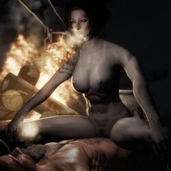 bethesda_softworks campfire cowgirl_position dark-skinned_female dark_elf dunmer light-skinned_male night nord sexlab skyrim tanline tattoos the_elder_scrolls