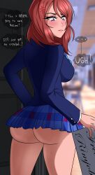 1girls ass blush embarrassed english_text glazinbuns hallway hallway_in_background holding_object holding_sign legs long_sleeves looking_back love_live! love_live!_school_idol_project mentioned_character nervous nishikino_maki partially_clothed purple_eyes red_hair school_uniform skirt solo_female text toujou_nozomi