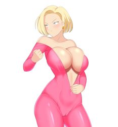 android android_18 bare_shoulders big_breasts blonde_hair blue_eyes cleavage dragon_ball dragon_ball_super dragon_ball_z earrings mangakay84 married_woman mature_female milf mother one-piece_suit pussy pussy_visible_through_clothes wife