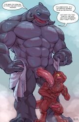 alien beralin disney english_text gantu gay genitals hi_res lilo_and_stitch male male/male male_only muscular penis penis_on_shoulder size_difference towel yaoi