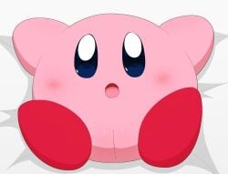 bed bedding bedding_background blush female furniture genitals hi_res kirby kirby_(series) minami_(artist) nintendo on_bed open_mouth pink_body pussy solo spread_arms video_games waddling_head