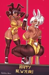 2girls aestheticc-meme armpits ass bare_shoulders big_ass big_breasts big_butt black_hair blush bowtie breasts bunny_ears bunny_tail bunnysuit butt cameltoe cleavage clothed clothing danni_(aestheticc-meme) dark-skinned_female dark_skin earrings english_text female female_only gloves hair_over_one_eye high_heels large_breasts long_gloves looking_at_viewer looking_back mother_and_daughter navel new_year one_eye_covered one_eye_obstructed original pole sabrina_(aestheticc-meme) short_hair simple_background squatting standing stripper_pole text thick_thighs thighhighs two_tone_hair white_hair wide_hips yellow_eyes