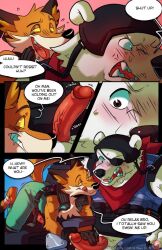 anthro balls blush bodily_fluids canid canine claws clothing comic dialogue duo english_text epic_games fennix_(fortnite) fortnite fox fur gay genital_fluids genitals gloves handwear k1ngl30n magazine male male/male male_only mammal masturbation multiple_boys orange_body orange_fur penile penile_masturbation penis polar_bear polar_patroller porn_magazine pornography precum profanity question_mark text ursid ursine video_games white_body white_fur yaoi yellow_eyes