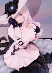 abyssal_ship black_gloves blue_eyes boots breasts cleavage collarbone cute dress female gloves hair_over_one_eye hand_on_own_chest hat highres huge_breasts jewelry kantai_collection long_hair looking_at_viewer ring seaport_summer_hime shinkaisei-kan single_glove sitting solo sun_hat thigh_boots uni_(oni_unicorn) wedding_band white_dress white_hair white_headwear