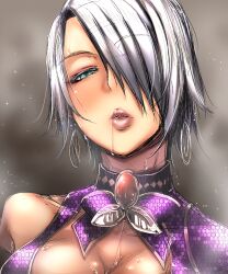 1girls bakuya blue_eyes blush drool drooling female female_only grey_hair isabella_valentine short_hair solo soul_calibur