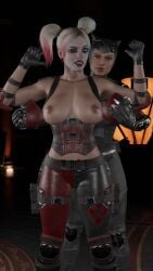 2girls 3d 3d_(artwork) assisted_undressing batman_(series) big_breasts blue_eyes breasts catwoman catwoman_(injustice) curvy curvy_figure dc dc_comics digital_media_(artwork) eyebrows eyelashes eyes female female_only from_behind harley_quinn harley_quinn_(injustice) hourglass_figure injustice_2 light-skinned_female light_skin lips mehlabs nipples selina_kyle supervillainess villain villainess yuri