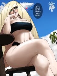 1girls 1milf 2022 absurd_res alternate_breast_size bikini black_bikini blonde_female blonde_hair breasts cougar cougar_milf dialogue echosaber english_text female female_only flirting_with_viewer green_eyes hips huge_breasts long_hair looking_at_viewer looking_over_eyewear looking_over_glasses looking_over_sunglasses low-angle_view lusamine_(pokemon) mature_female milf mother naughty_face nihilego nintendo orange-tinted_eyewear outdoors pokémon_(species) pokemon pokemon_sm seducing seductive seductive_pose seductive_smile slim_waist smile suggestive_look sunglasses text thick_thighs thighs tinted_eyewear wide_hips