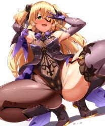 1girls alternate_version_available armpits ass ass_visible_through_thighs big_ass blonde_hair boots breasts cameltoe clothing eye_patch eyewear female female_only fischl_(genshin_impact) fishnet fishnets garter_straps genshin_impact green_eyes hair_ornament hand_behind_head leggings legs legs_apart legs_spread legwear long_hair magukappu medium_breasts peace_sign pussy solo solo_female squatting steam steamy_breath sweat sweatdrop thick_thighs thighhighs thighs twintails