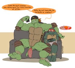 absurd_res animal_genitalia anthro brother brothers casual_nudity duo furniture genital_slit genitals hi_res male male/male male_focus male_only michelangelo_(tmnt) mutantail penis raphael_(tmnt) reptile scalie sibling size_difference slit sofa teenage_mutant_ninja_turtles turtle