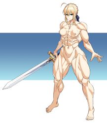 artoria_pendragon artoria_pendragon_(saber) biceps blonde_female blonde_hair blue_eyes completely_nude fate/stay_night fate_(series) female houjoh_(7th-heaven) muscular sword tagme thunder_thighs