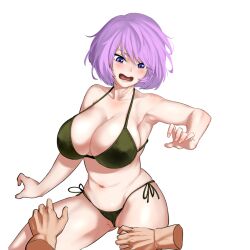 1boy absurdres areolae bangs beeeeen bikini bloody_panther_(last_origin) blue_eyes blush breasts collarbone commentary_request disembodied_limb female green_bikini highres korean_commentary large_breasts last_origin looking_down navel open_mouth partially_visible_vulva purple_hair short_hair side-tie_bikini simple_background solo_focus straight strap_gap swimsuit thigh_grab wedgie white_background