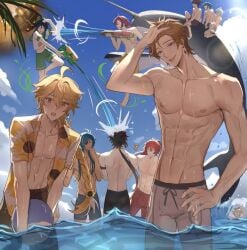 10boys aether_(genshin_impact) beach bennett_(genshin_impact) blonde_hair_male chongyun_(genshin_impact) diluc_(genshin_impact) genshin_impact ha_ze in_water kaeya_(genshin_impact) looking_at_viewer male_only muscles muscular muscular_male playful playing scaramouche_(genshin_impact) shikanoin_heizou shirtless summer tartaglia_(genshin_impact) venti_(genshin_impact) water water_gun wholesome xingqiu_(genshin_impact) zhongli_(genshin_impact)