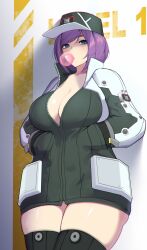 absurdres asymmetrical_bangs bad_id bad_pixiv_id bangs bloody_panther_(last_origin) blue_eyes breasts bubble_blowing chewing_gum chromatic_aberration cleavage ett female green_thighhighs hands_in_pockets hat highres jacket korean_commentary large_breasts last_origin looking_at_viewer looking_down medium_hair purple_hair solo thighhighs