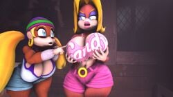 2girls 3d 3d_(artwork) ape belly belt_buckle big_breasts big_thighs bimbo blonde_female candy_kong cleavage clenched_eyes crop_top curvy donkey_kong_(series) duo earrings eyeshadow female female_only half-closed_eyes holding_breasts lips lipstick midriff mizzyyy nail_polish name_on_clothing nintendo open_mouth pink_fingernails pink_lipstick pink_nail_polish pink_nails sfm shorts source_filmmaker thick thick_hips thighs tiny_kong twintails wide_hips