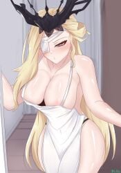 1girls areola_slip big_ass big_breasts blonde_hair blue_eyes eye_patch female_only genshin_impact huge_breasts long_hair one_eye_covered signora_(genshin_impact) solo stukov wardrobe_malfunction white_dress