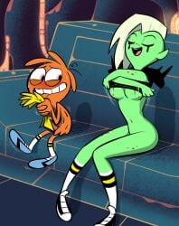 1boy 1girls accurate_art_style alien alien_girl blush bottomless green_skin imminent_sex lord_dominator star_nomad sweat umayorokobi underboob undressing wander_(wander_over_yonder) wander_over_yonder