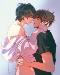 2boys asian asian_male ass ass_grab bed big_butt black_hair blonde_hair brown_eyes brown_hair bts closed_eyes gay hand_on_face kim_seok_jin kim_tae_hyung kissing korean kpop male male_only naked pink_shirt saliva shirtless skinny skinny_male white_body white_skin yaoi