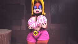 1girls 3d 3d_(artwork) ape belt belt_buckle big_breasts big_lips big_thighs bimbo blonde_female blonde_hair blue_eyes breasts candy_kong cleavage crop_top curvy donkey_kong_(series) eyeshadow female female_only half-closed_eyes holding_breasts jean_shorts lips lipstick midriff mizzyyy monkey monkey_girl nail_polish name_on_clothing nintendo open_mouth pink_fingernails pink_lipstick pink_nail_polish pink_nails purple_eyeshadow seductive seductive_look sfm shorts slutty_outfit solo source_filmmaker thick thick_hips thick_thighs thighs wide_hips