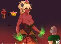 2018 accessory armor baron_of_hell_(doom) big_breasts black_clothing black_topwear blonde_hair bodily_fluids bowsette_(cosplay) breasts cleavage clothed clothing collarbone crossover crown demon demon_girl digital_media_(artwork) doom doom_slayer_(doom) doomthewolf dress eyelashes female fusion garter_straps glowing glowing_eyes gradient_background green_clothing green_eyes green_topwear group hair hair_accessory headgear helmet hi_res horn id_software larger_female legwear male mario_(series) new_super_mario_bros._u_deluxe nintendo panties ponytail red_background red_body red_skin simple_background size_difference standing stockings super_crown sweat sweatdrop thick_thighs thighhighs topwear underwear yellow_clothing yellow_panties yellow_underwear