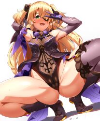 1girls alternate_version_available armpits ass ass_visible_through_thighs big_ass blonde_hair boots breasts cameltoe clothing eye_patch eyewear female female_only fischl_(genshin_impact) fishnet fishnets garter_straps genshin_impact green_eyes hair_ornament hand_behind_head legs legs_apart legs_spread leotard long_hair magukappu medium_breasts peace_sign pussy skirt solo solo_female squatting steam steamy_breath sweat sweatdrop thick_thighs thighhighs thighs twintails