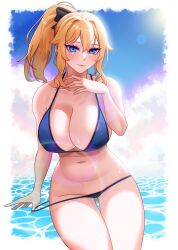 aimless_(artist) beach big_breasts bikini blue_sky genshin_impact jean_gunnhildr ocean solo sun wet