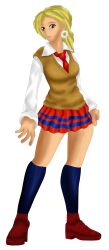 blonde_hair brown_eyes casual earrings female king_of_fighters lips malin red_skirt shoes sleeveless_sweater socks t-shirt tie