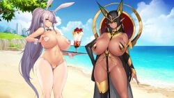 2girls beach big_breasts black_hair blue_eyes blunt_bangs breasts bunny_ears bunny_girl bunnysuit curvy dark-skinned_female dark_skin duo egyptian female female_focus female_only green_eyes huge_breasts large_breasts last_origin light-skinned_female light_skin multiple_girls official_art pointy_ears ponytail reverse_bunnysuit sekhmet_of_death silver_hair t-20s_gnome t-20s_gnome_(bunny_girl_costume) tagme voluptuous wide_hips