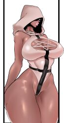 1girls beige_bikini big_breasts big_lips big_thighs breasts_bigger_than_head dark_skin eyes_half_open eyes_hidden hood human human_only leotard nun nun's_habit nun_(shark-py) nun_outfit oc original_character shark-py skimpy tanned_skin