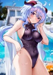 1girls 2022 ahoge artist_signature blue_hair breasts female female_only ganyu_(genshin_impact) genshin_impact hips horns large_breasts long_hair one-piece_swimsuit outdoors purple_eyes slim_waist solo squchan swimsuit thick_thighs thighs watermark wet wet_body wide_hips