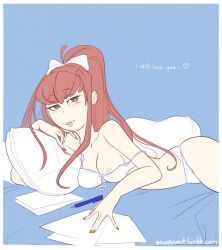 5_fingers blue_background body_pillow breasts cleavage doki_doki_literature_club english_text green_eyes green_fingernails heart laying_down monika_(doki_doki_literature_club) nip_slip nipple nipple_slip paper papers pen pillow sniggysmut text