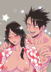 1boy 1girls arm_under_breasts big_breasts black_hair blush brown_hair circlet cleavage closed_eyes dark_hair embarrassed facial_scar female gaolang_wongsawat genderswap_(mtf) gyogyogyotto hawaiian_shirt kengan_(series) kengan_ashura long_hair low_ponytail male nipples no_bra open_shirt ponytail rule_63 spiky_hair sweatdrop tan_skin tied_hair topless_male upper_body wearing_others_clothes yoroizuka_saw_paing