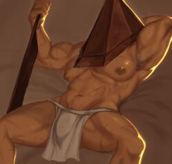 armpit_hair bara beefy belly big_pecs bulge daddy helmet imlooking leaning_on_elbow loincloth male male_only male_pubic_hair manly muscular muscular_male muscular_thighs nipple_piercing nipple_rings painting_(artwork) pecs pubic_hair pubic_hair_peek pyramid_head reclining scars silent_hill silent_hill_2 solo spread_legs topless topless_male weapon