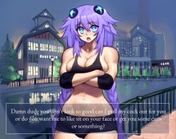 1futa arms_on_breasts big_breasts breasts bulge choujigen_game_neptune cleavage clothed dialogue embarrassed english_text flaccid fully_clothed futa_only futanari human large_breasts light-skinned_futanari light_skin long_hair looking_at_viewer mostly_nude necrosmos neptune_(neptunia) neptunia_(series) penis purple_hair purple_heart_(neptunia) short_shorts shorts sideboob solo standing talking_to_viewer text twintails