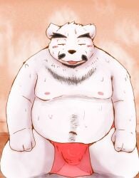 2022 anthro asian_clothing belly big_belly black_nose blush bodily_fluids clothing east_asian_clothing facial_hair fundoshi hi_res humanoid_hands japanese_clothing kemono male mammal moobs moustache navel nipples overweight overweight_male polar_bear red_clothing red_fundoshi red_underwear snow_utamaru solo sweat tongue tongue_out underwear ursid ursine