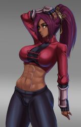 1girls abs bleach dark-skinned_female dark_skin female female_only fully_clothed nomo purple_hair shihouin_yoruichi solo