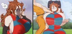 1boy 1girls android_21 android_21_(human) android_girl armpits arms_above_head blue_eyes blush blushing brown_hair checkered_shirt clothing colored_nails dragon_ball dragon_ball_fighterz dragon_ball_super dragon_ball_xenoverse erect_nipples erect_nipples_under_clothes female gigantic_breasts gigantic_nipples gigantic_penis huge_breasts huge_cock krillin kuririn large_breasts larger_female long_hair mahmapuu male milf multicolored_nails nipples penis_awe penis_shadow shounen_jump sideboob sleeveless sleeveless_shirt smaller_male sweat unseen_male_face vomi_(dragon_ball) wide_hips