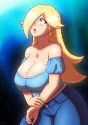 1girls beg4cake big_breasts blonde_hair blue_eyes blue_jeans blue_pants blue_shirt breasts cleavage denim denim_bottomwear denim_clothing denim_jeans earrings female female_only hair_over_one_eye huge_breasts jeans looking_up low_cut_top mario_(series) necklace nintendo pants princess_rosalina shirt solo solo_female thick_thighs wide_hips