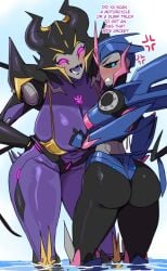 2girls airachnid angry annoyed arcee arcee_(prime) ass autobot big_ass big_breasts bikini_top blue_eyes blush breast_size_difference breasts butt cybertronian decepticon dialogue female female_only glowing_eyes huge_ass huge_breasts lightsource purple_eyes robot robot_girl size_difference small_breasts text thick_thighs transformers transformers_prime wide_hips