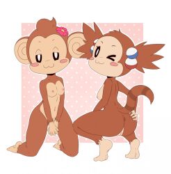 :3 anthro anus ass breasts duo female genitals haplorhine hi_res krayboost lemur mammal meemee monkey monkey_girl nipples nude pink_background primate provocative pussy raised_tail sega simple_background small_breasts strepsirrhine super_monkey_ball super_monkey_ball_banana_mania yanyan