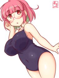 ahoge artist_logo blue_swimsuit bob_cut breasts competition_school_swimsuit covered_navel cowboy_shot dated female green_hair kanon_(kurogane_knights) kantai_collection large_breasts multicolored_hair one-hour_drawing_challenge pink-framed_eyewear pink_hair ponytail red_eyes school_swimsuit short_hair simple_background solo streaked_hair swimsuit ume_(kantai_collection) white_background