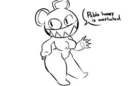 anthro big_ass big_breasts claws english_text female grin modified_bear music_(culture) nipples no_color paws radiohead_(band) radiohead_bear rule_63 sharp_teeth shortstack solo solo_female unknown_artist ursid wide_hips