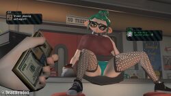 1boy 1girls 3d bowtie deadrendon fishnets glasses green_hair green_panties hand kelly_(deadrendon) looking_at_object looking_at_viewer money octoling octoling_girl offscreen_male sfm source_filmmaker splatoon splatoon_2 text text_box yellow_eyes